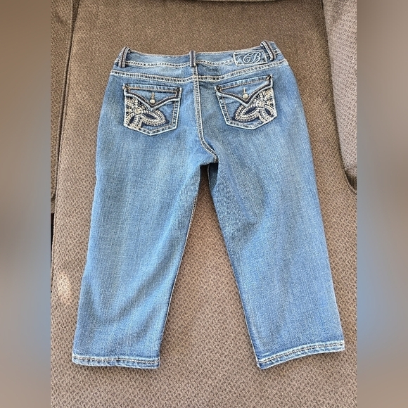 Code Bleu Jeans Womens 14 Mid Rise Blue Capri Fit 36×22 Stretch Pockets Slits - Picture 10 of 15